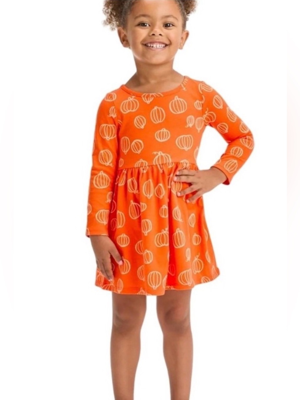 Cat & Jack Toddler Orange Pumpkin Print Long Sleeve Knit Dress Size 3TFall